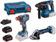 חגיגה כחולה! סט 3 כלים נטענים 18V פטישון + מברגת אימפקט או מפתח רטיטה + משחזת זווית + זוג סוללות 4Ah, מטען ומזוודה